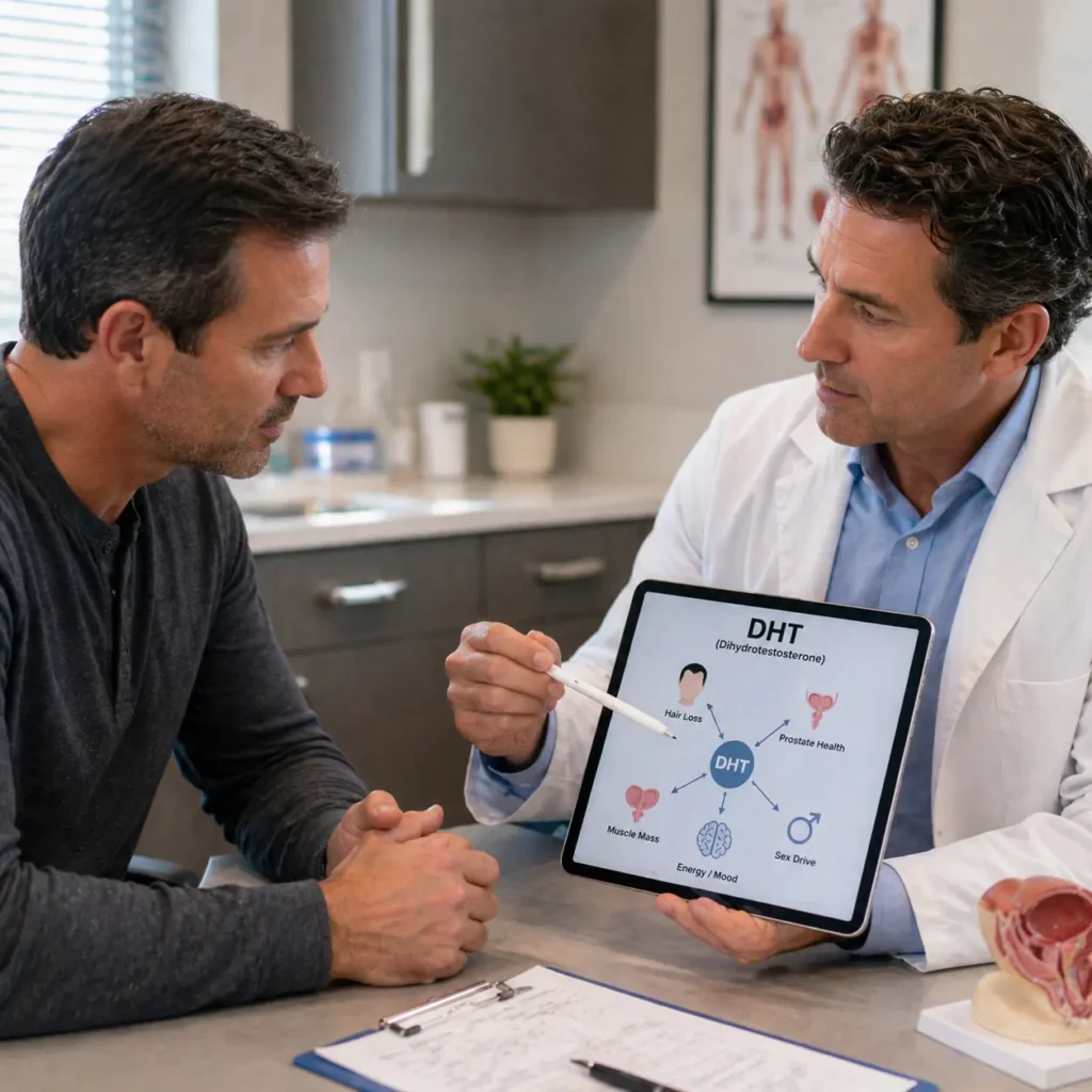 Metairie men's health clinic consultation with doctor reviewing DHT hormone labs