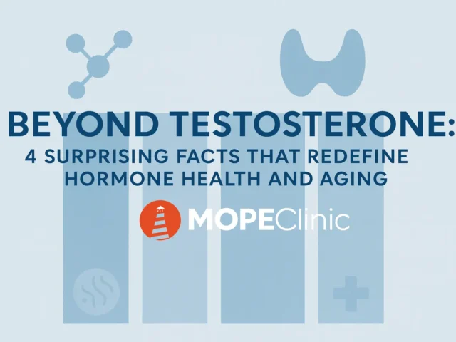 Beyond Testosterone: 4 Surprising Facts That Redefine Hormone Health and Aging Beyond Testosterone featured image showing four pillars representing surprising hormone facts, with medical icons and the MOPE Clinic logo.