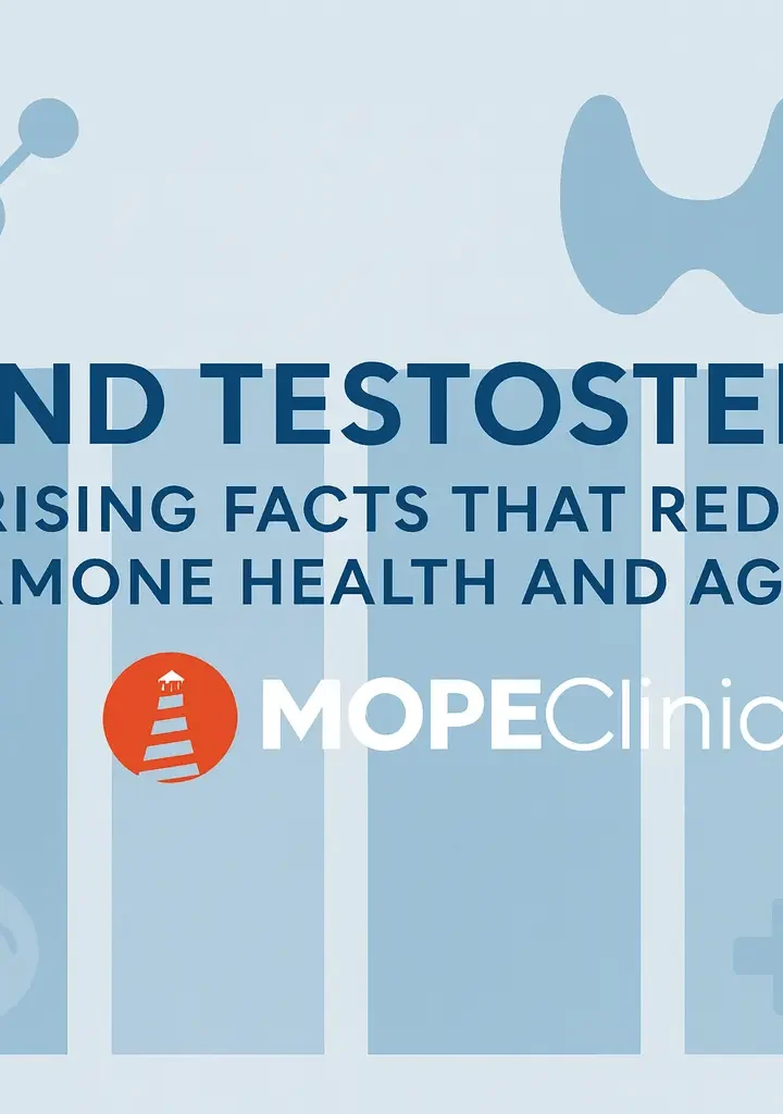 Beyond Testosterone: 4 Surprising Facts That Redefine Hormone Health and Aging Beyond Testosterone featured image showing four pillars representing surprising hormone facts, with medical icons and the MOPE Clinic logo.