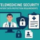 Secure telemedicine consultation illustration showing protected patient data and trusted online healthcare system