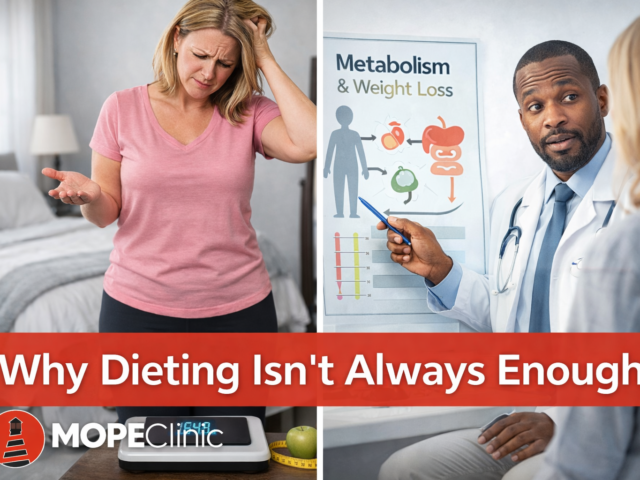 Patient struggling to lose weight while dieting speaking with a doctor about metabolism and medical weight loss solutions