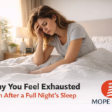 woman waking up exhausted after a full night’s sleep fatigue hormone imbalance health concept