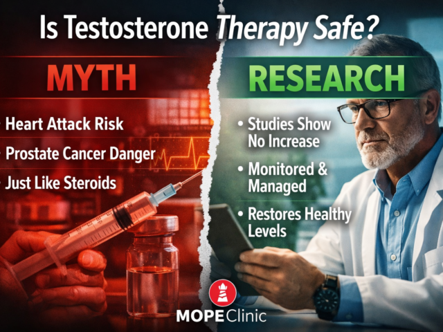 Myth vs research graphic explaining testosterone therapy safety with MOPE Clinic logo