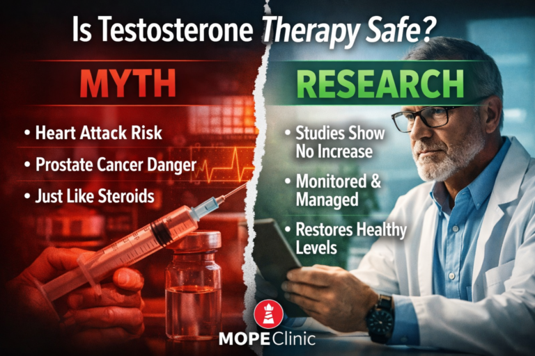 Myth vs research graphic explaining testosterone therapy safety with MOPE Clinic logo
