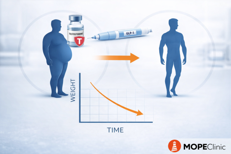 TRT and GLP-1 weight loss graph showing fat loss over time in men with hormone therapy