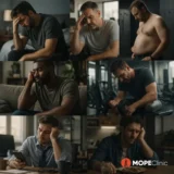 Different men showing symptoms of low testosterone including fatigue, low mood, weight gain, and low strength