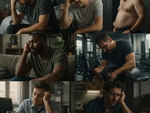 Different men showing symptoms of low testosterone including fatigue, low mood, weight gain, and low strength