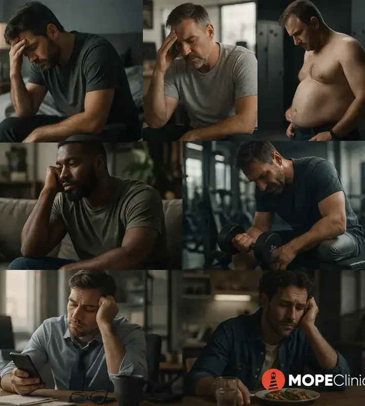 Low Testosterone Symptoms in Men: The Complete Signs Checklist Different men showing symptoms of low testosterone including fatigue, low mood, weight gain, and low strength