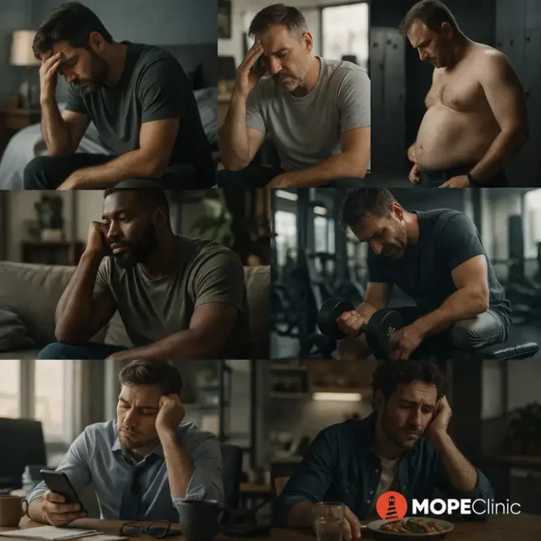 Different men showing symptoms of low testosterone including fatigue, low mood, weight gain, and low strength