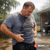 man in South Louisiana frustrated with stubborn belly fat and weight loss challenges outdoors in humid weather