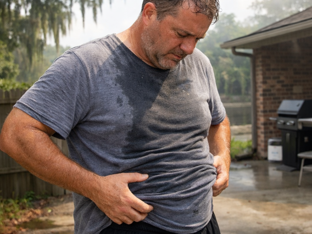 man in South Louisiana frustrated with stubborn belly fat and weight loss challenges outdoors in humid weather