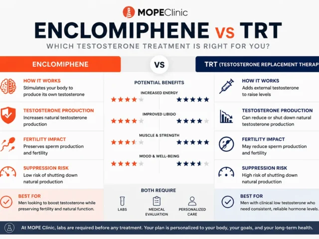 Enclomiphene vs TRT comparison chart showing testosterone treatment differences and benefits at MOPE Clinic