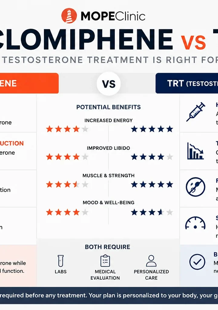 Enclomiphene vs TRT comparison chart showing testosterone treatment differences and benefits at MOPE Clinic