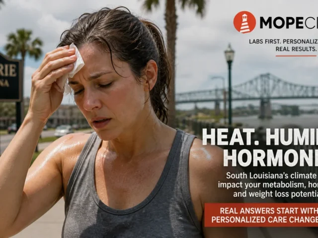 Woman experiencing heat and humidity outdoors in South Louisiana showing impact of climate on hormones and metabolism