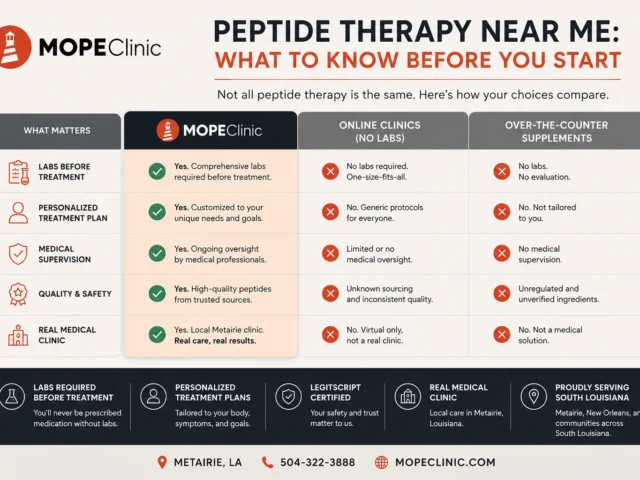 Peptide therapy comparison infographic from MOPE Clinic showing labs, personalized treatment plans, and medical supervision benefits