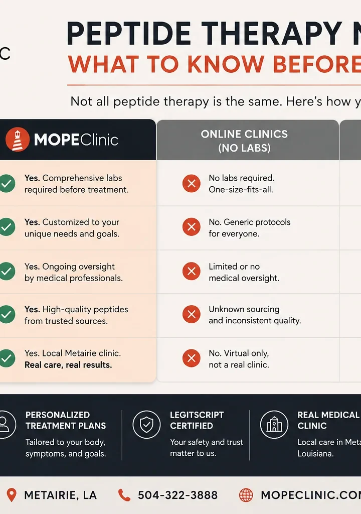 Peptide therapy comparison infographic from MOPE Clinic showing labs, personalized treatment plans, and medical supervision benefits
