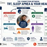 TRT sleep apnea infographic diagram from MOPE Clinic explaining the connection between low testosterone, poor sleep, weight gain, inflammation, and fatigue in Louisiana men