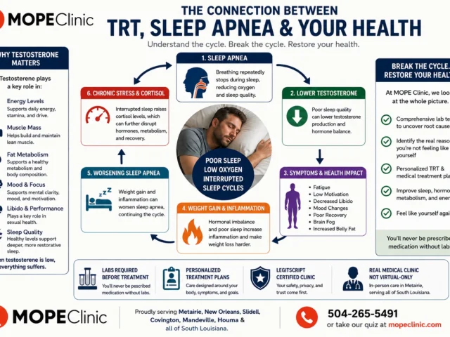 TRT sleep apnea infographic diagram from MOPE Clinic explaining the connection between low testosterone, poor sleep, weight gain, inflammation, and fatigue in Louisiana men