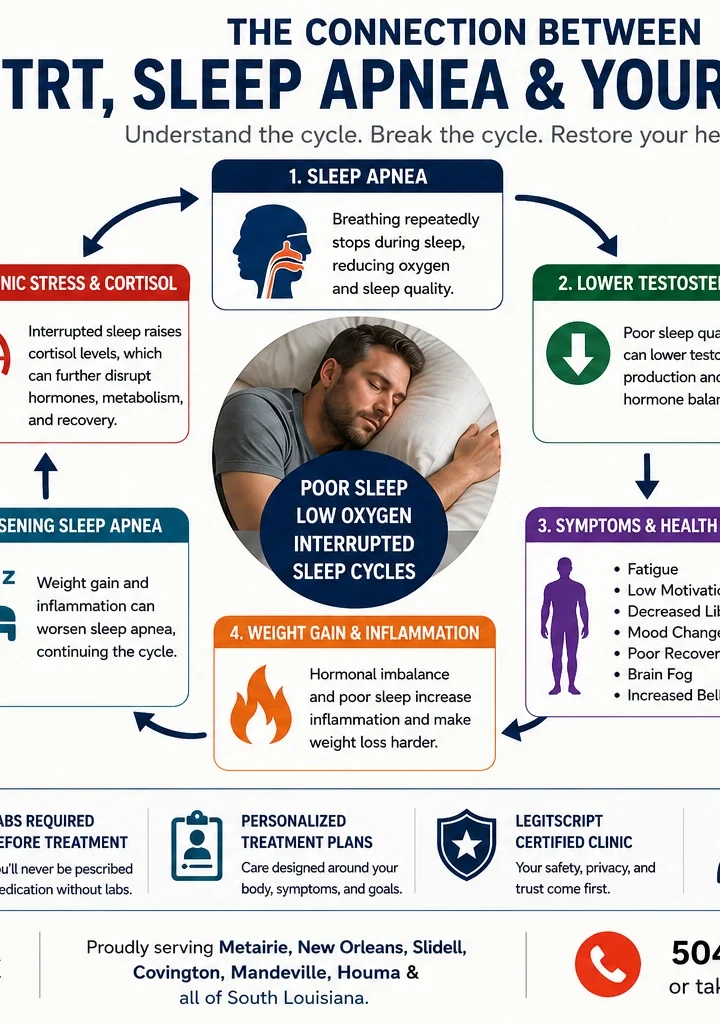 TRT and Sleep Apnea: The Overlooked Hormone Connection Behind Fatigue, Weight Gain & Poor Recovery in Louisiana TRT sleep apnea infographic diagram from MOPE Clinic explaining the connection between low testosterone, poor sleep, weight gain, inflammation, and fatigue in Louisiana men