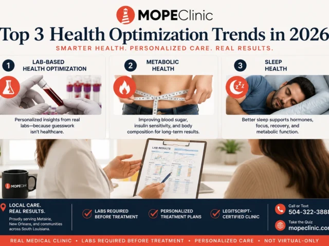 Health optimization trends in Metairie showing lab-based care, metabolic health, and sleep health at MOPE Clinic