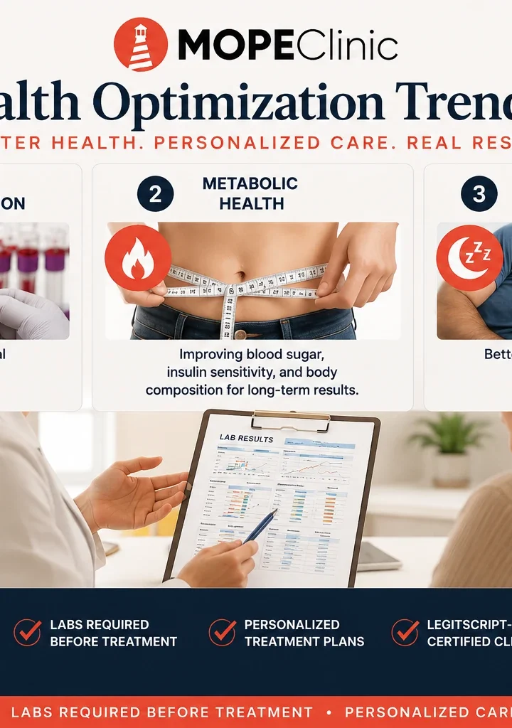 Health Optimization in 2026: Why Labs Matter More Than Wellness Trends Health optimization trends in Metairie showing lab-based care, metabolic health, and sleep health at MOPE Clinic
