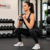 Woman weight training in a gym with kettlebell squat for women’s strength training and wellness