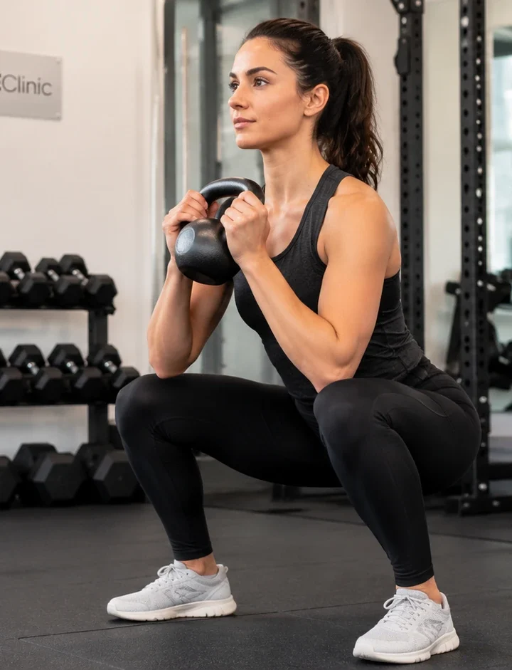 Weight Training for Women: Why Lifting Will Not Make You Bulky Woman weight training in a gym with kettlebell squat for women’s strength training and wellness