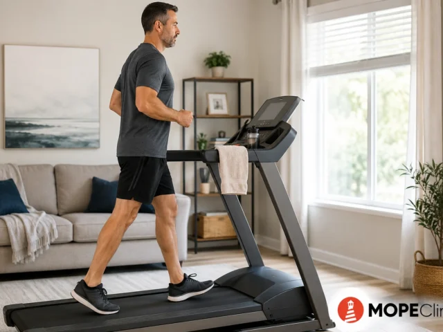 Man walking on treadmill at home for exercise recovery and healthy aging with MOPE Clinic logo
