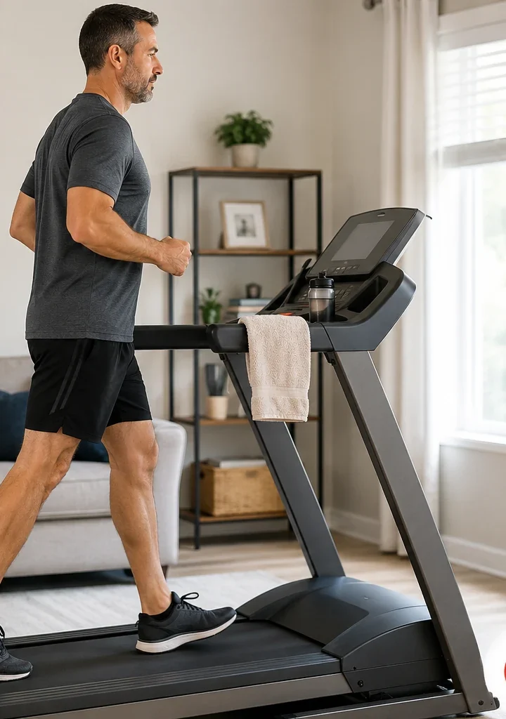 Exercise Recovery in Metairie: Why You Stay Sore Longer Man walking on treadmill at home for exercise recovery and healthy aging with MOPE Clinic logo