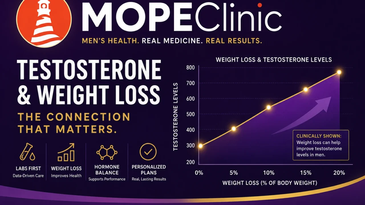 Testosterone and weight loss graph showing the connection between body fat reduction and hormone health at MOPE Clinic in Metairie