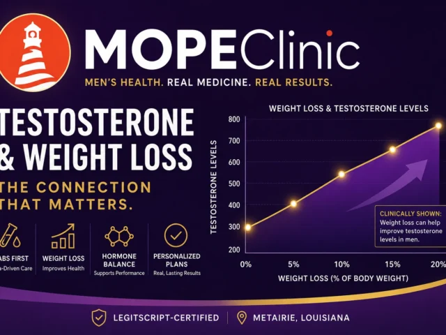 Testosterone and weight loss graph showing the connection between body fat reduction and hormone health at MOPE Clinic in Metairie