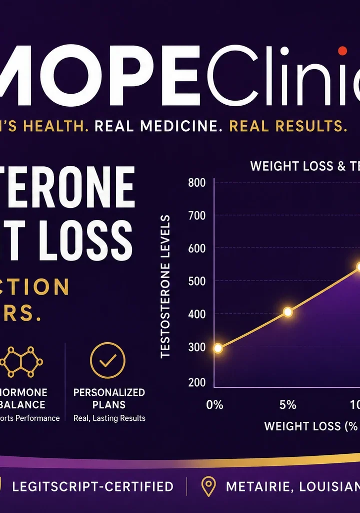 Testosterone and Weight Loss: Can Losing Body Fat Help Raise Low T? Testosterone and weight loss graph showing the connection between body fat reduction and hormone health at MOPE Clinic in Metairie
