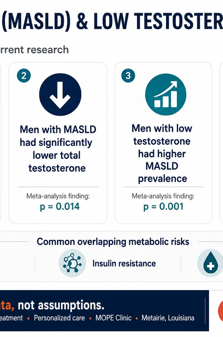 Fatty Liver and Low Testosterone: The Metabolic Connection Men Often Miss Fatty liver and low testosterone infographic showing key MASLD research findings for men