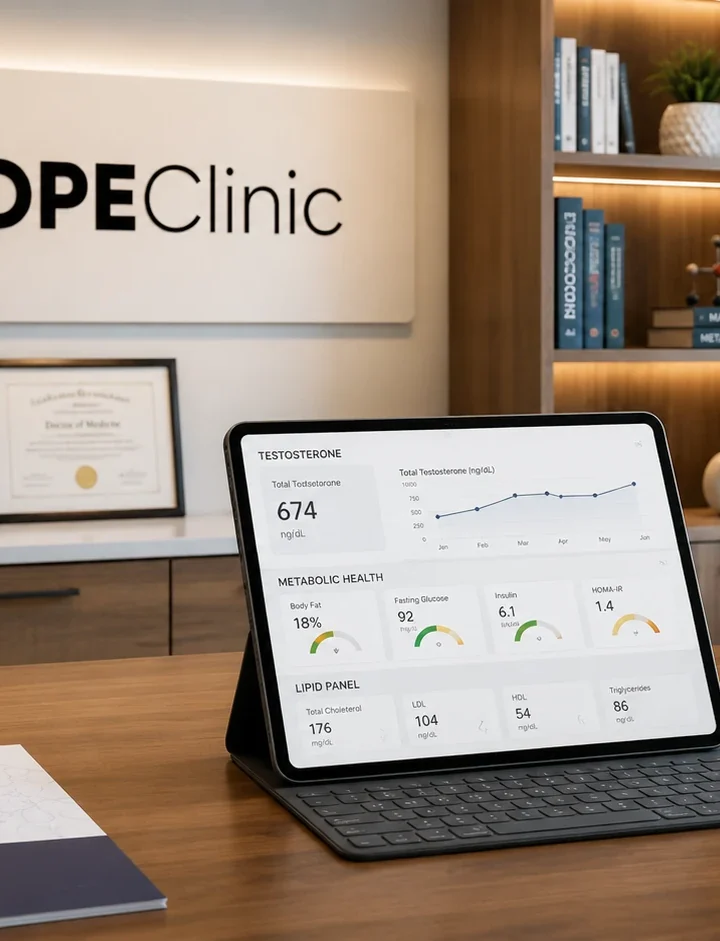 Testosterone and Prediabetes: The Metabolic Warning Signs Men Often Miss Testosterone and prediabetes consultation setting at MOPE Clinic in Metairie with metabolic lab results displayed