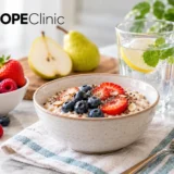 Fiber-rich oatmeal with berries, pears, and water illustrating nutrition and hydration tips for GLP-1 constipation