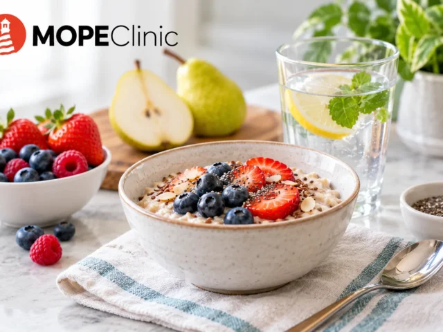 GLP-1 Constipation: Why It Happens and What May Help Fiber-rich oatmeal with berries, pears, and water illustrating nutrition and hydration tips for GLP-1 constipation