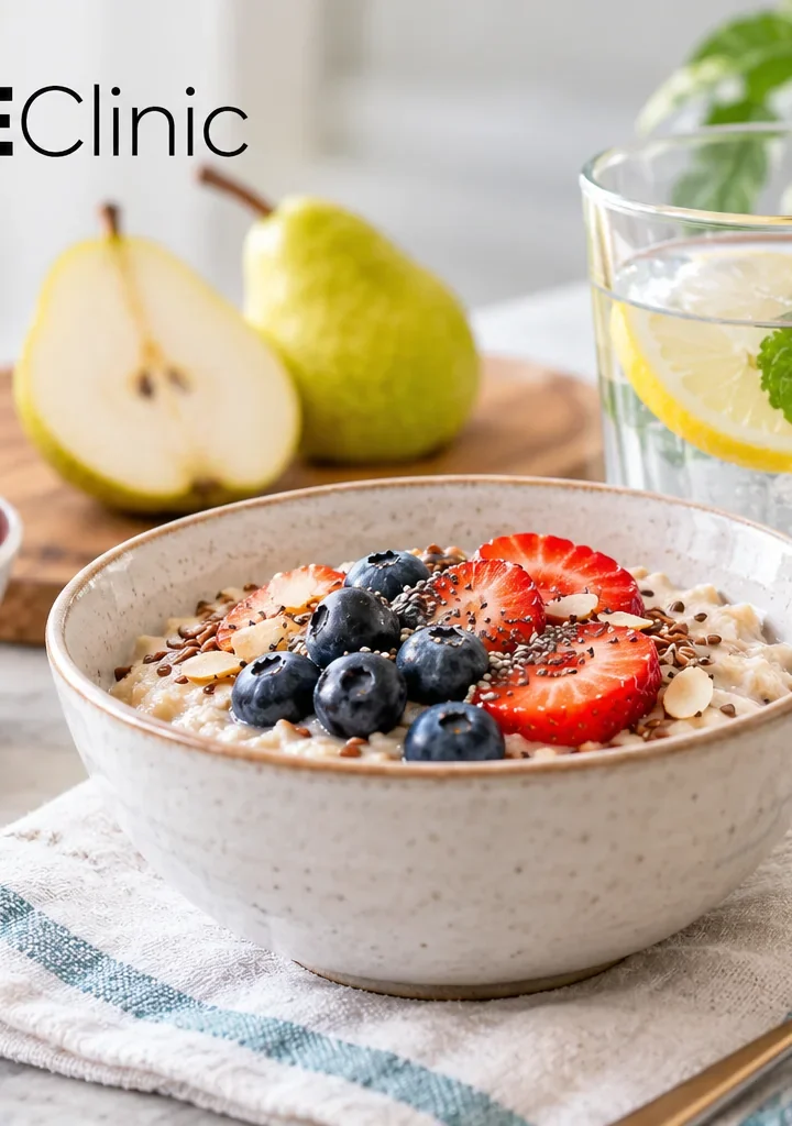 Fiber-rich oatmeal with berries, pears, and water illustrating nutrition and hydration tips for GLP-1 constipation
