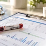 Low testosterone blood test results displayed on a medical report with a testosterone blood sample at MOPE Clinic