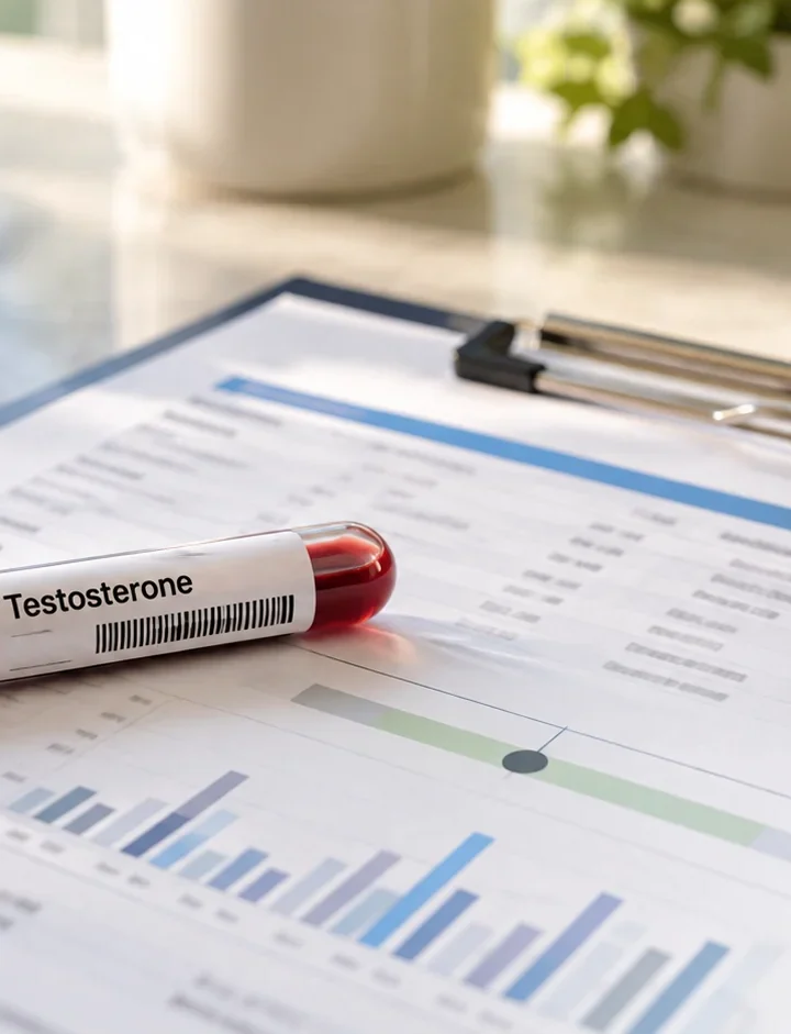 Low Testosterone Blood Test: What Your Results Actually Mean Low testosterone blood test results displayed on a medical report with a testosterone blood sample at MOPE Clinic