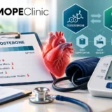 Low testosterone and high blood pressure infographic showing testosterone, heart health and blood pressure monitoring