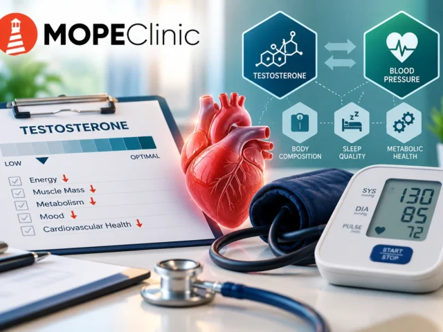 Low testosterone and high blood pressure infographic showing testosterone, heart health and blood pressure monitoring