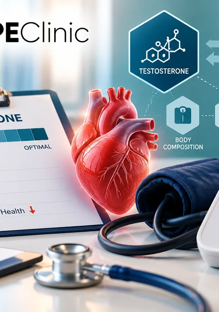 Low Testosterone and High Blood Pressure: Is There a Connection? Low testosterone and high blood pressure infographic showing testosterone, heart health and blood pressure monitoring